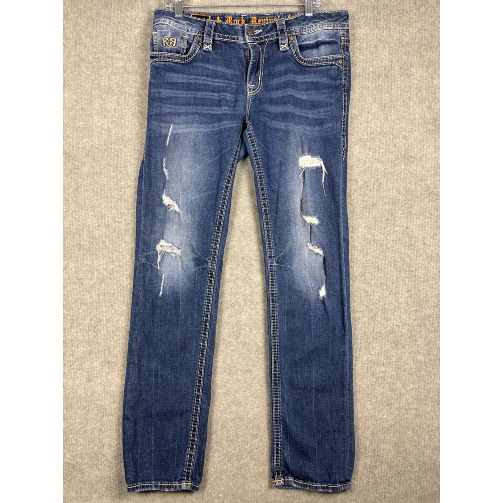 Rock Revival Joyelle Straight Distressed Blue Denim Jeans Size 31 Womens